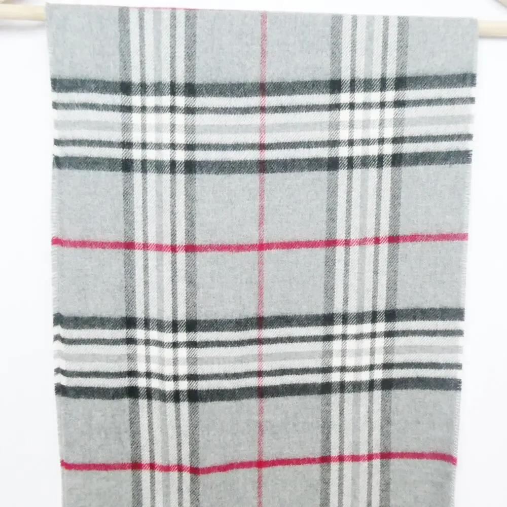 V.Fraas Cashmink Scarf Gray Plaid Check Soft Brushed Long Rectangle Fringe
